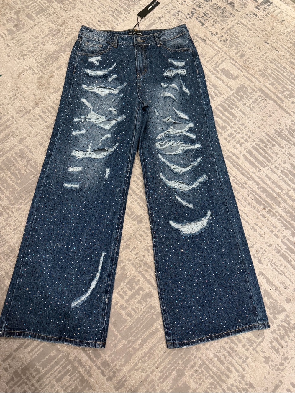 Fashion Nova Dark Blue Distressed Wide-Leg Jeans with Rhinestone Detail